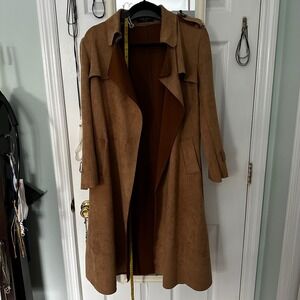 Women's Camel Faux Suede Belted Trench Coat Waterfall Collar